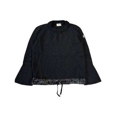 Moncler black sweater knit flared nylon hem shiny
