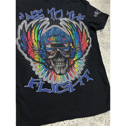 Vintage black T-shirt Y2K Affliction style gemstones rainbow