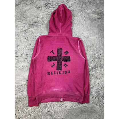 True Religion hoodie pink big logo white cross vintage