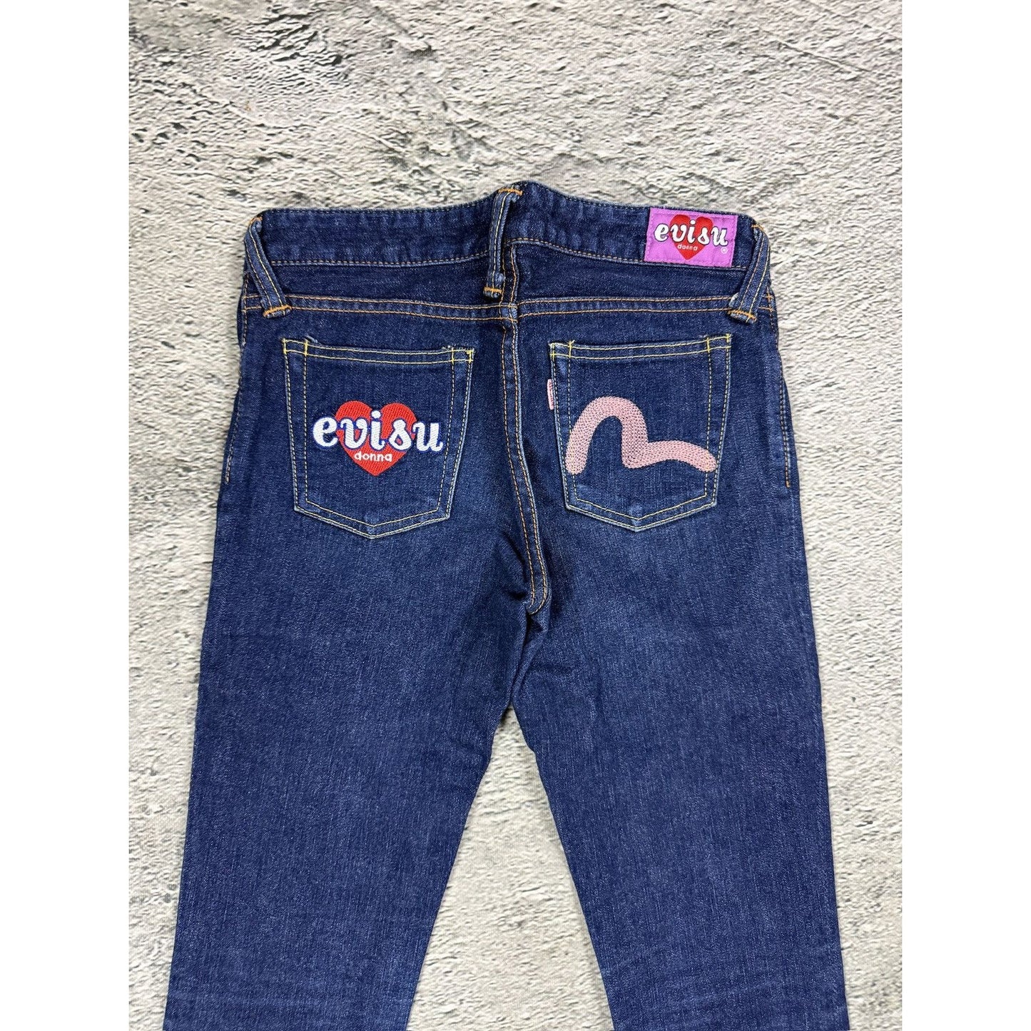 Evisu Donna jeans bootcut heart pink seagull embroidery