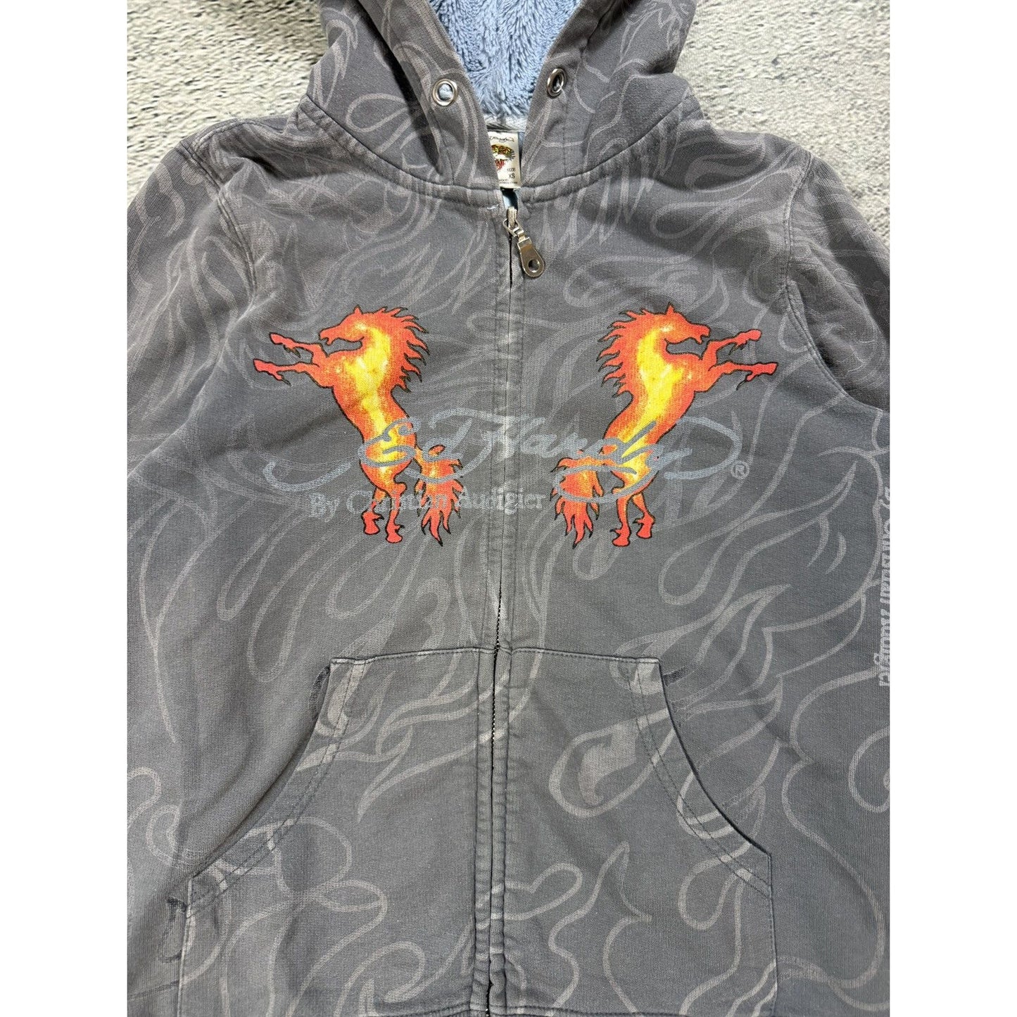 Ed Hardy zip hoodie grey Y2K vintage Christian Audigier fur