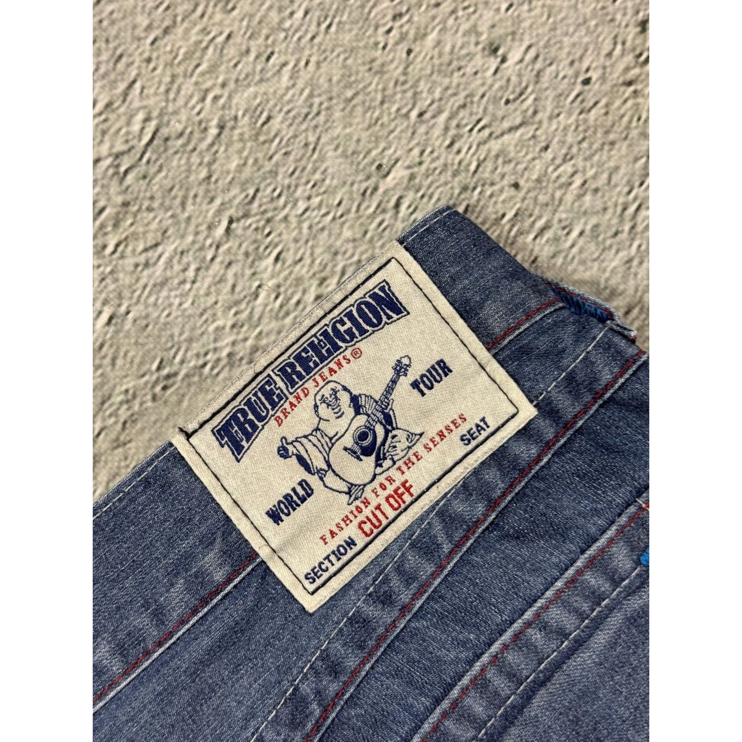 True Religion jorts denim shorts stitching blue red