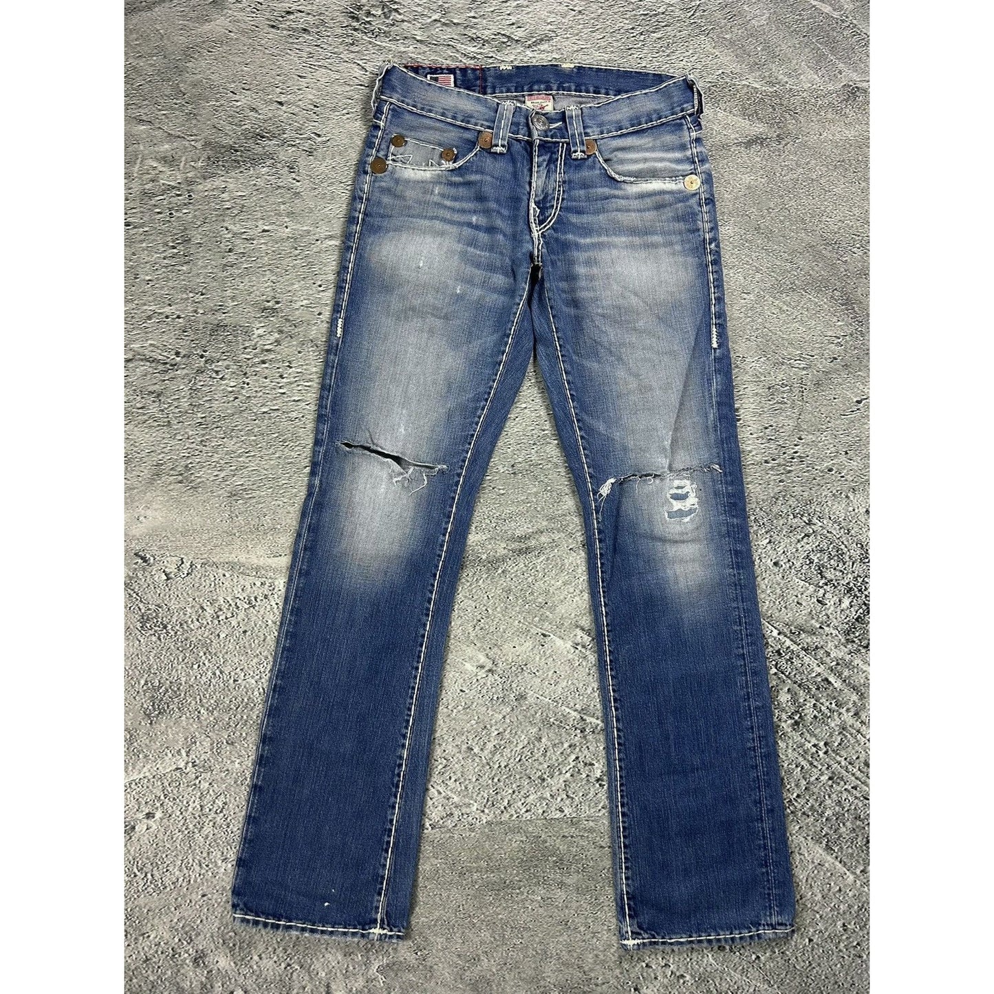 True Religion blue jeans white thick stitching Bobby