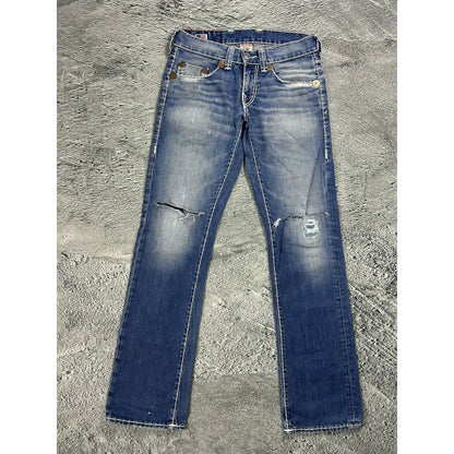 True Religion blue jeans white thick stitching Bobby