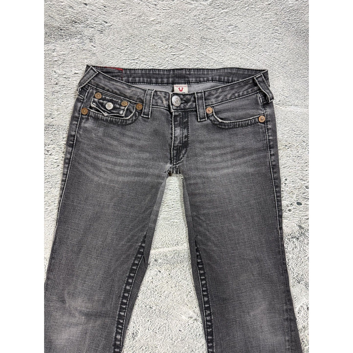 True Religion jeans grey black thick stitching flared Joey