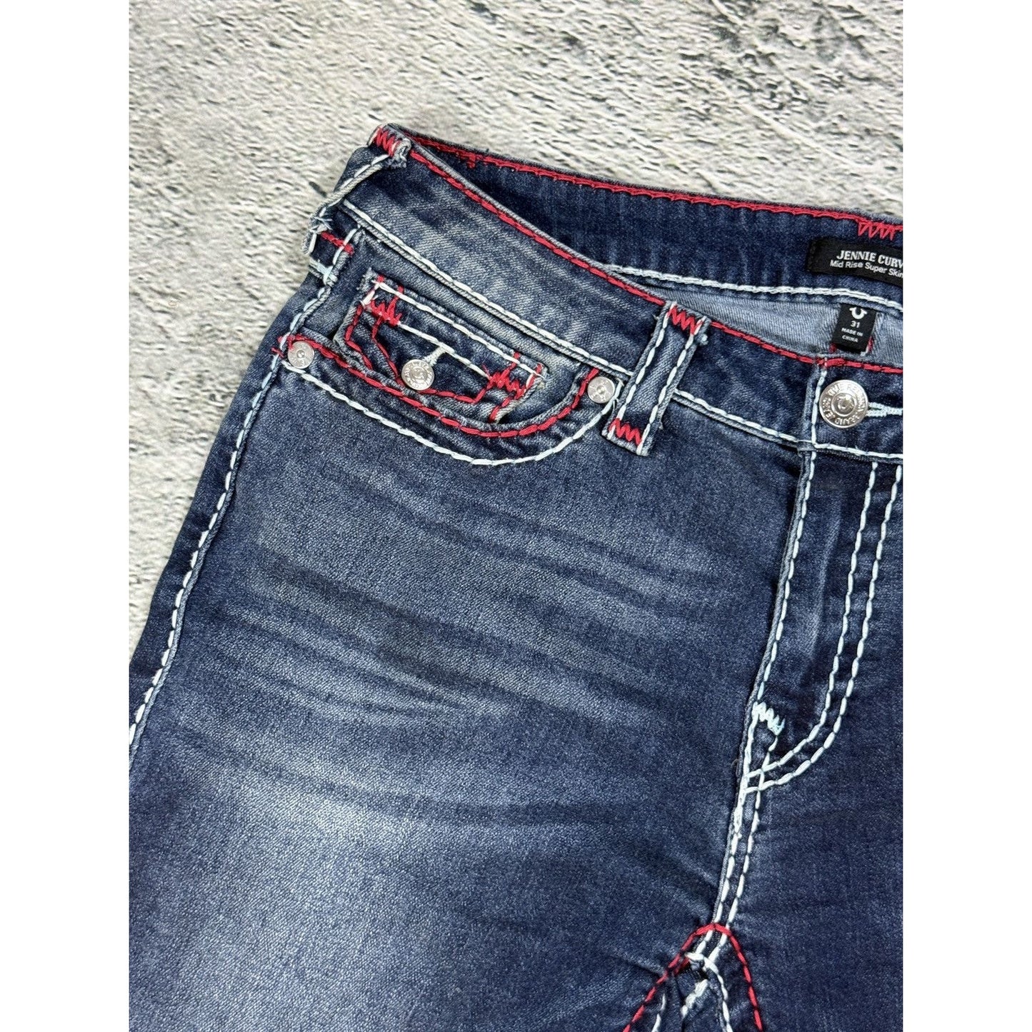 True Religion jeans skinny rhinestones red white stitch