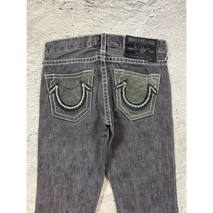 True Religion jeans grey black leather patch Bobby straight