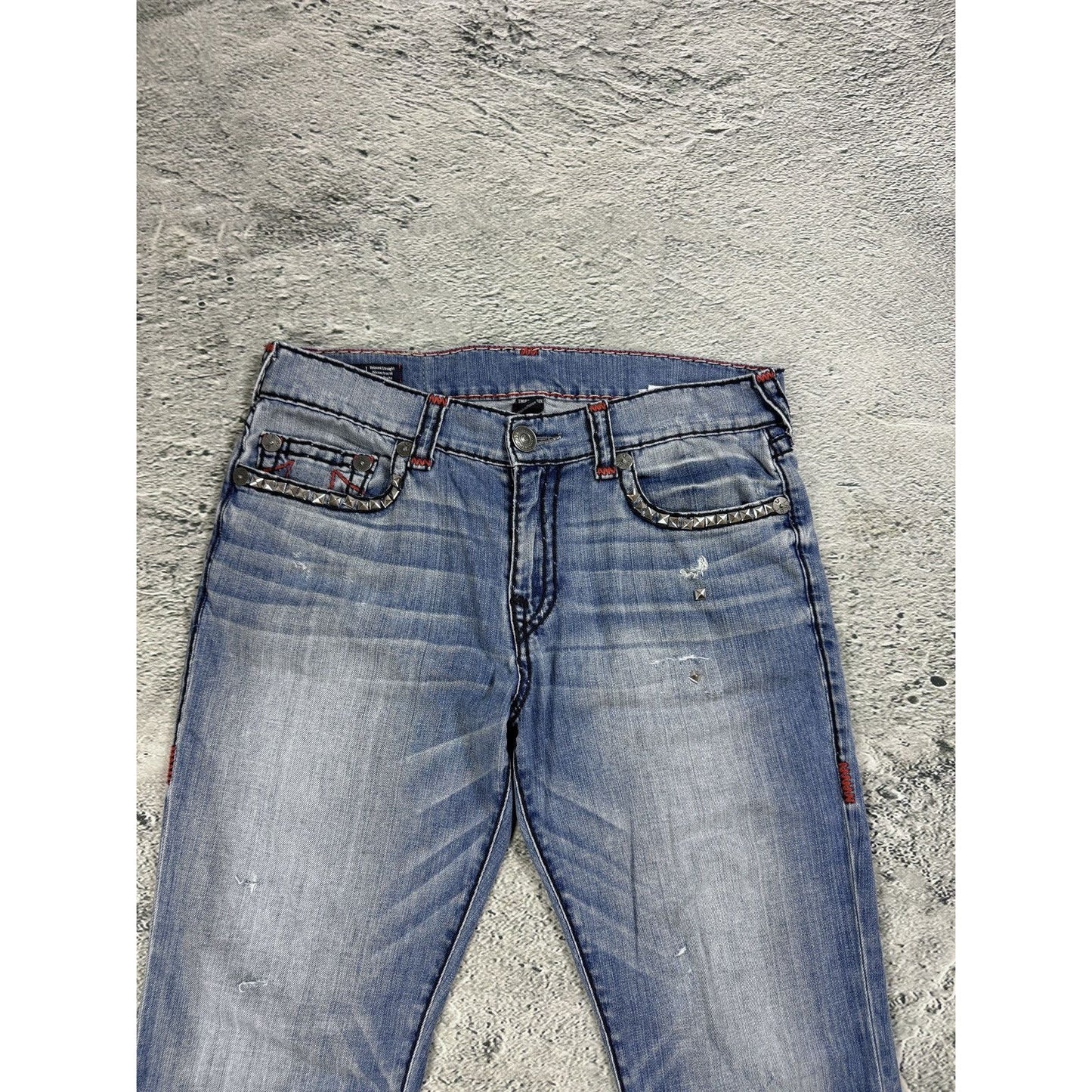 True Religion blue jeans red thick stitching Y2K studded