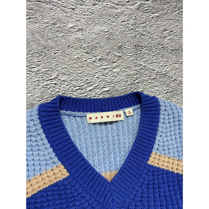 Marni Uniqlo Popcorn Knit V-neck Sweater blue