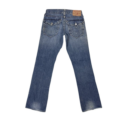 True Religion blue jeans white thick stitching Ricky