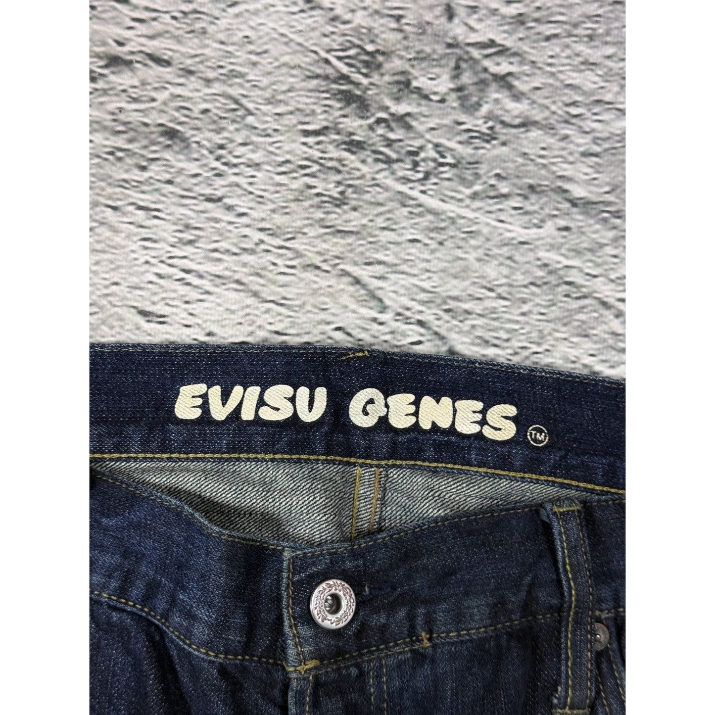 Evisu Genes jeans vintage raw denim blue painted seagull Y2K