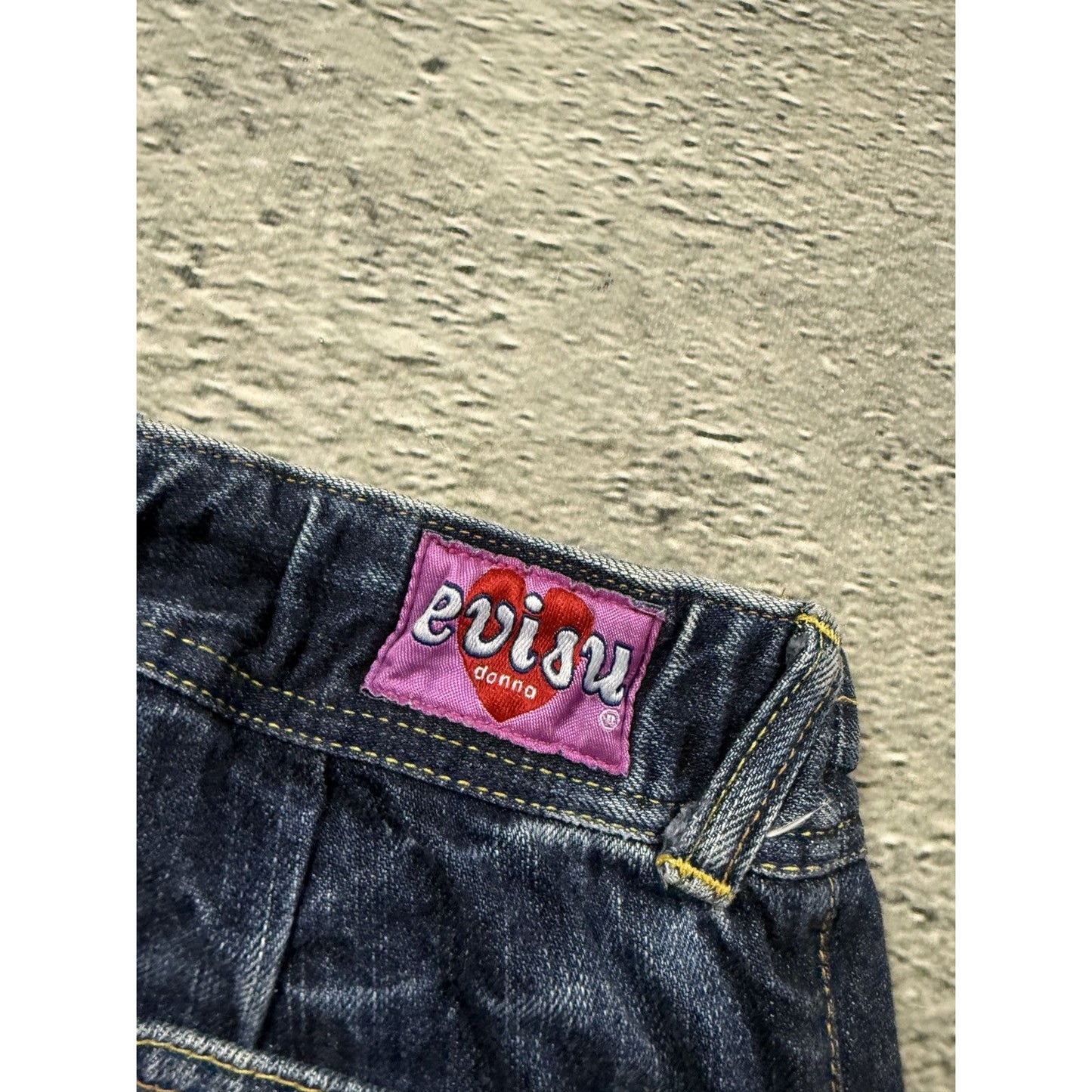 Evisu Donna jorts navy blue Y2K shorts denim white seagulls