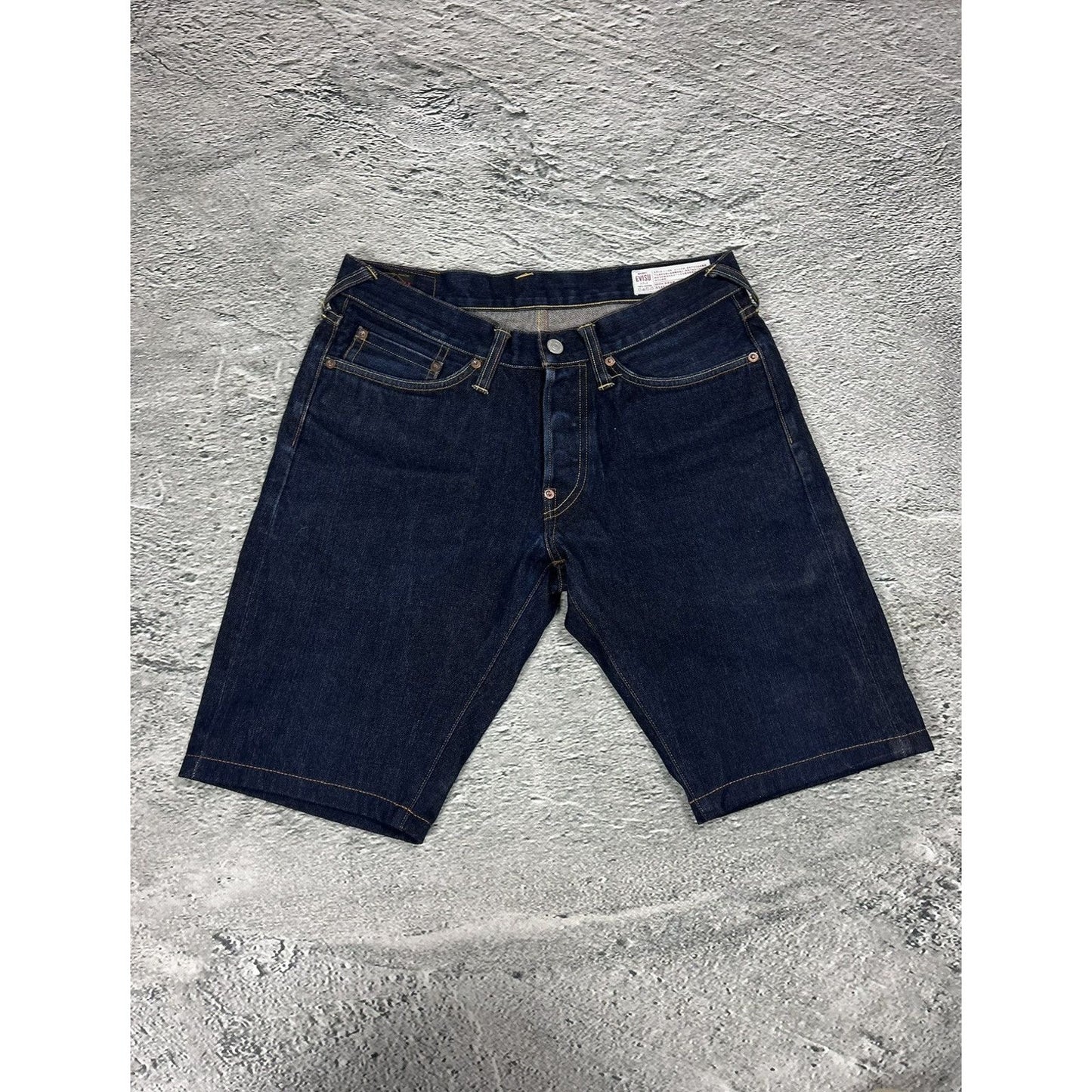 Evisu jorts navy blue shorts denim red seagulls handpainted