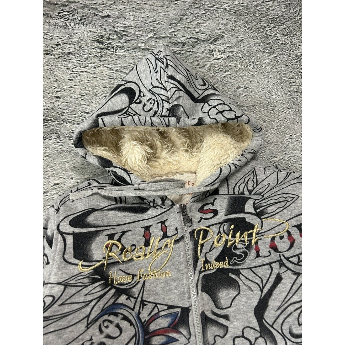 Really Point Y2K vintage zip hoodie grey fur Ed Hardy