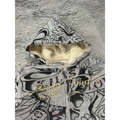 Really Point Y2K vintage zip hoodie grey fur Ed Hardy