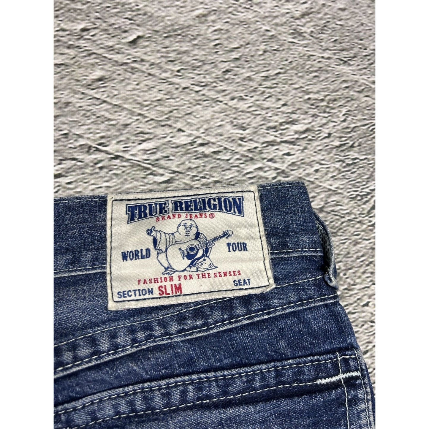 True Religion navy blue jeans white stitching Y2K