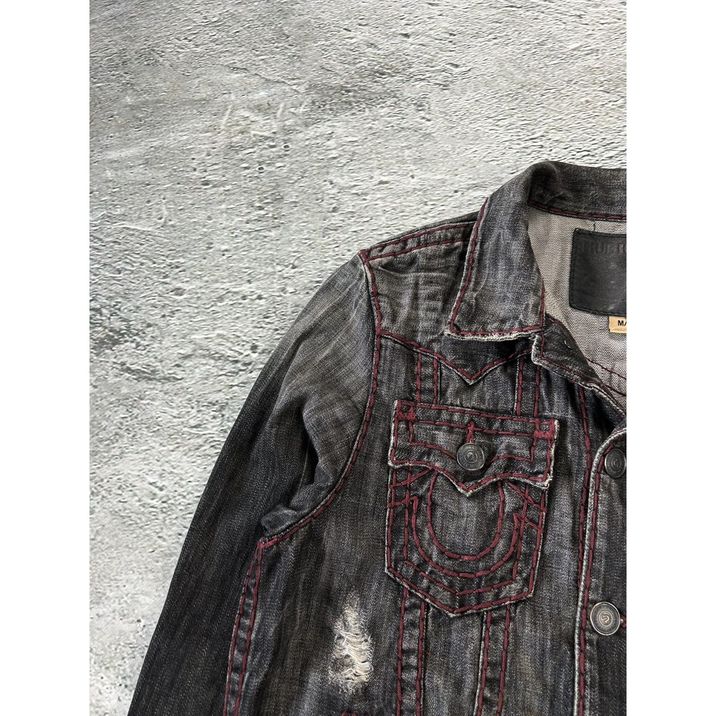 True Religion denim jacket black red contrast stitching Y2K