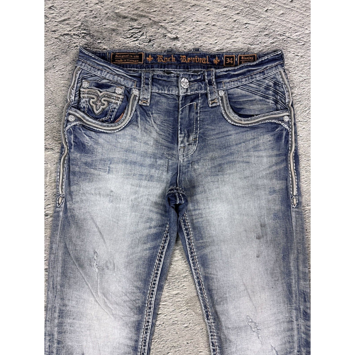 Rock Revival straight vintage blue jeans leather patch Y2K