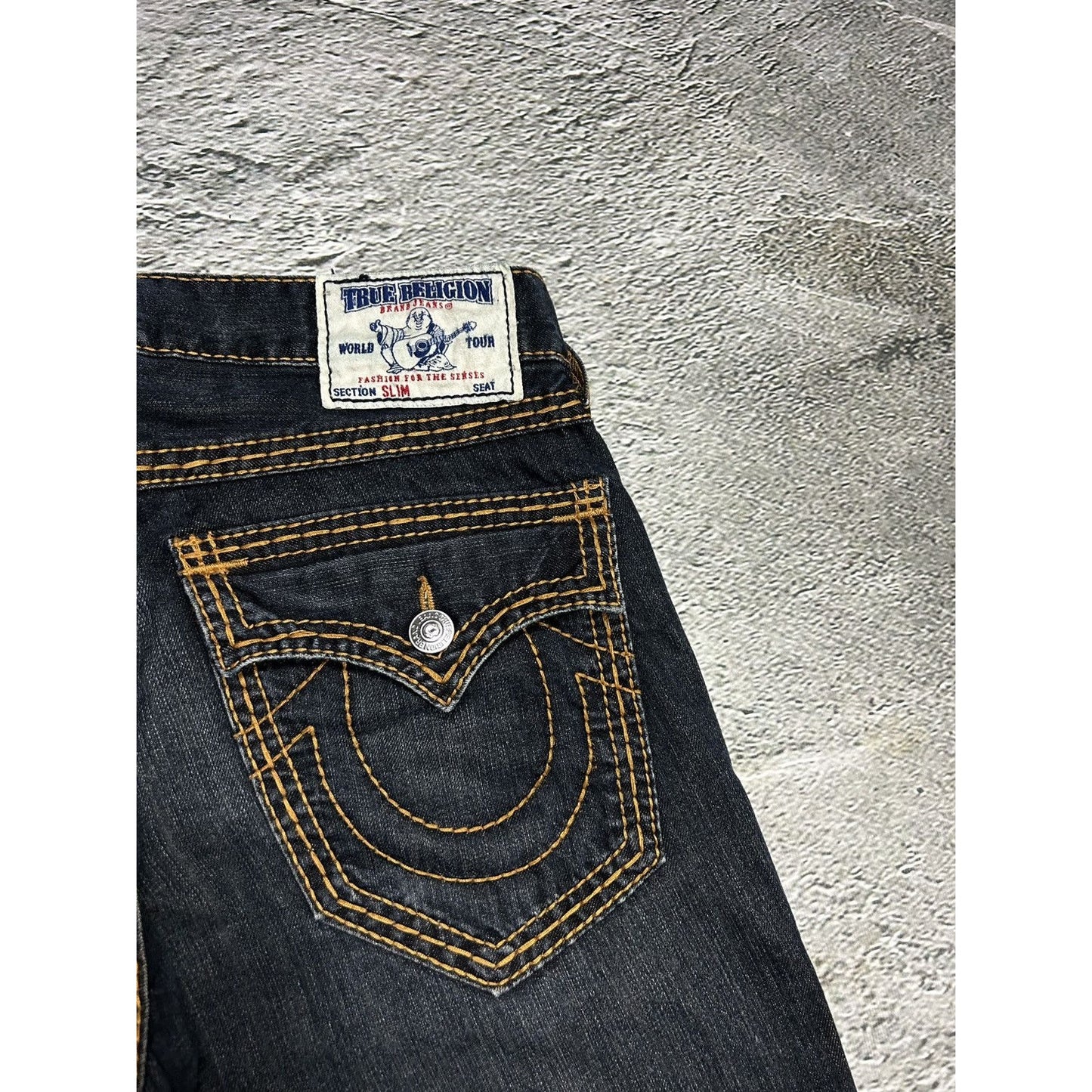 True Religion dark navy jeans orange thick stitching Y2K