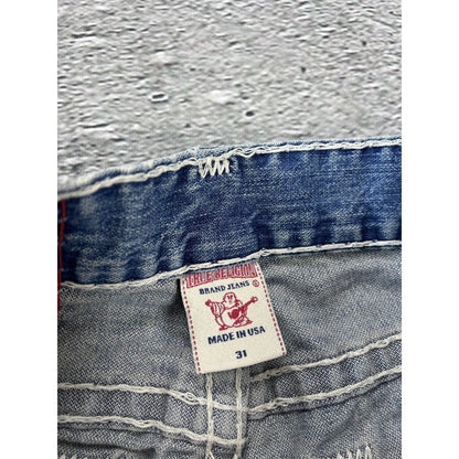 True Religion baby blue jeans white thick stitching Bobby
