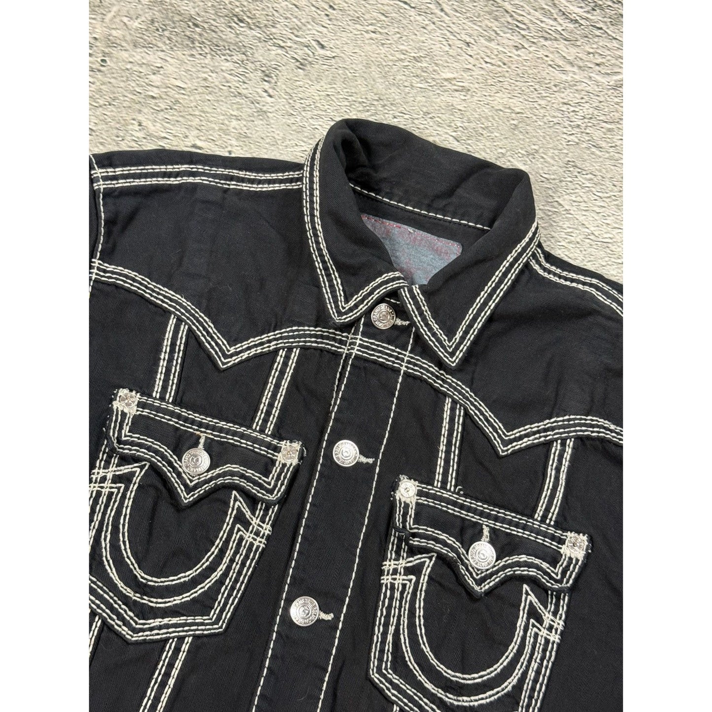 True Religion denim jacket black white thick stitching
