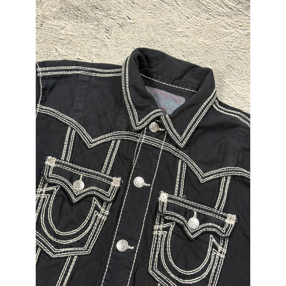 True Religion denim jacket black white thick stitching