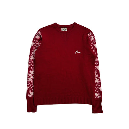 Evisu sweater wool vintage red knit face logo on sleeves