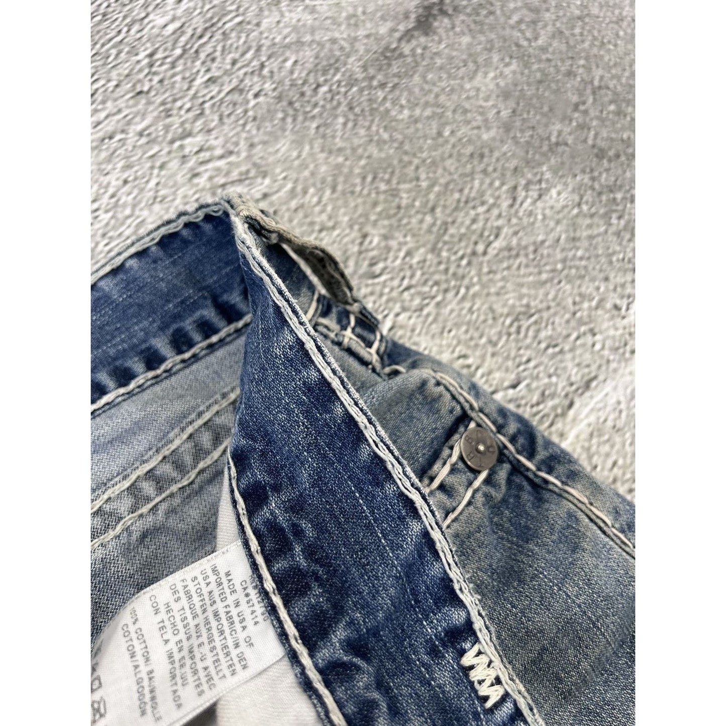 True Religion baby blue jeans white thick stitching Ricky