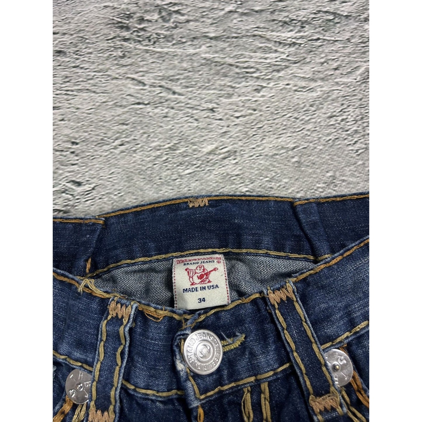 True Religion blue jeans gold stitching Ricky super QT