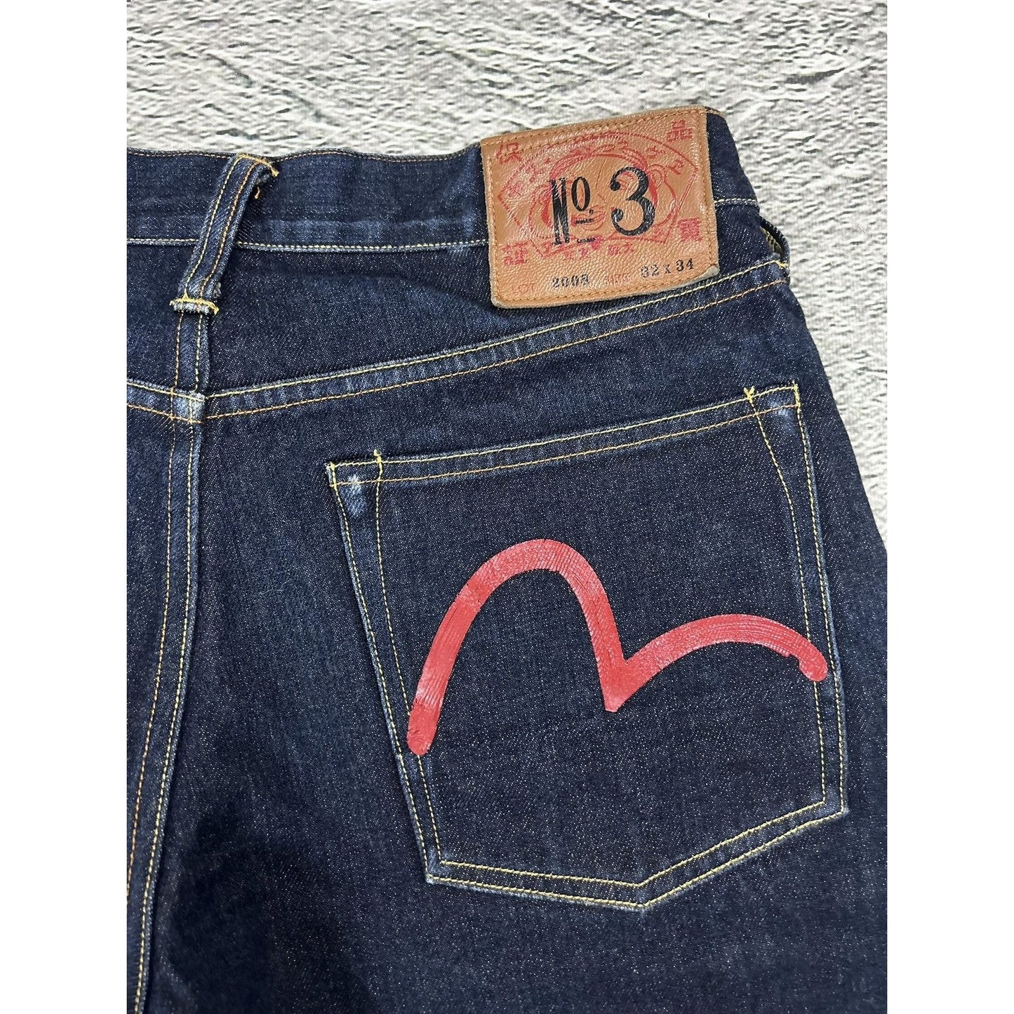 Evisu jorts navy blue shorts denim red seagulls handpainted