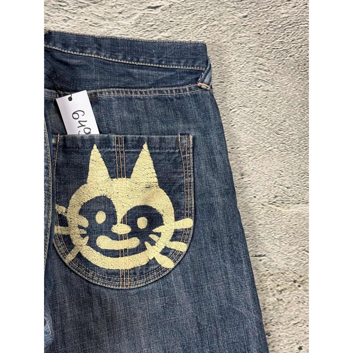 Evisu Yamane jeans vintage design selvedge embroidery cat