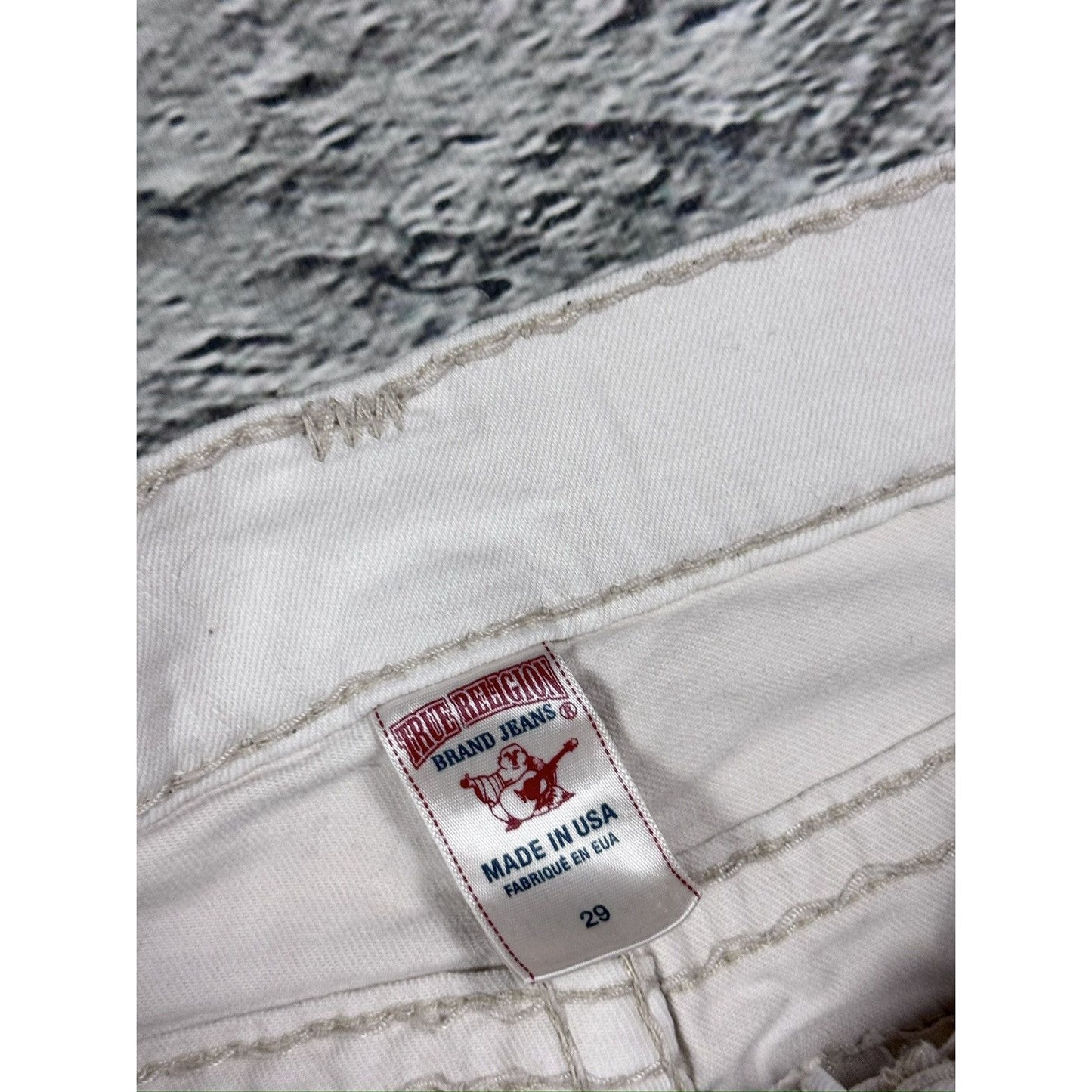 True Religion white jeans beige stitching Ricky Super T