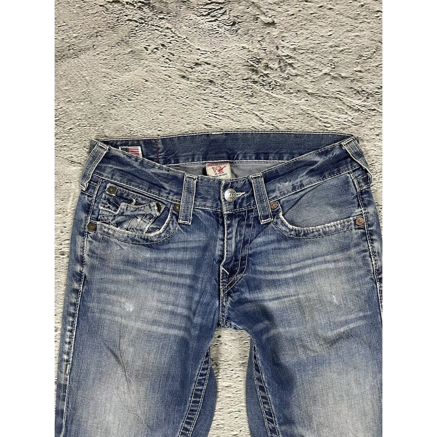 True Religion blue jeans white thick stitching Ricky