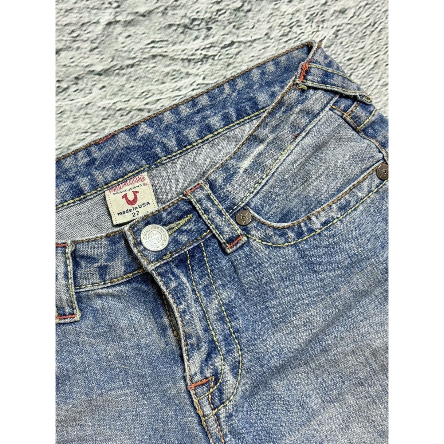 True Religion flared jeans blue white thick stitching Y2K