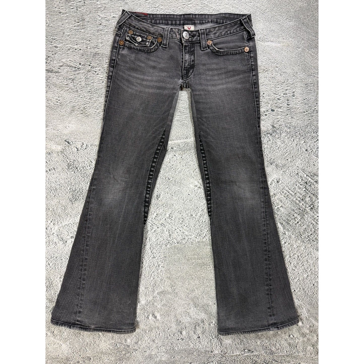 True Religion jeans grey black thick stitching flared Joey