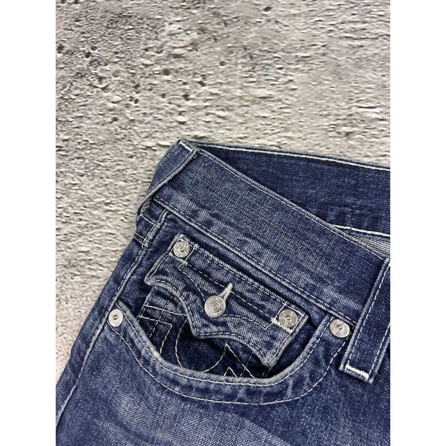 True Religion navy blue jeans white stitching Y2K