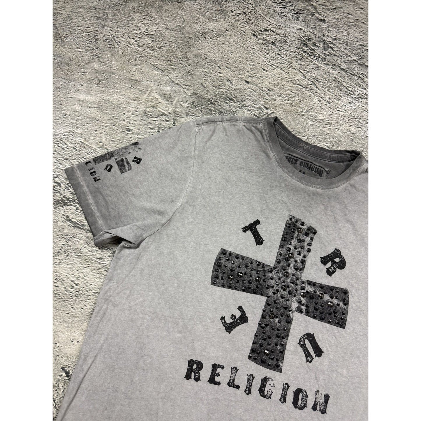 True Religion gray cross studded T-shirt big logo washed