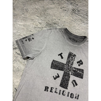 True Religion gray cross studded T-shirt big logo washed