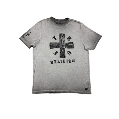 True Religion gray cross studded T-shirt big logo washed
