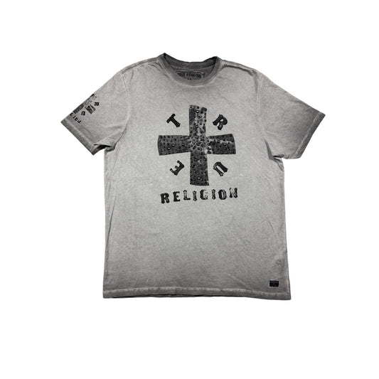True Religion gray cross studded T-shirt big logo washed