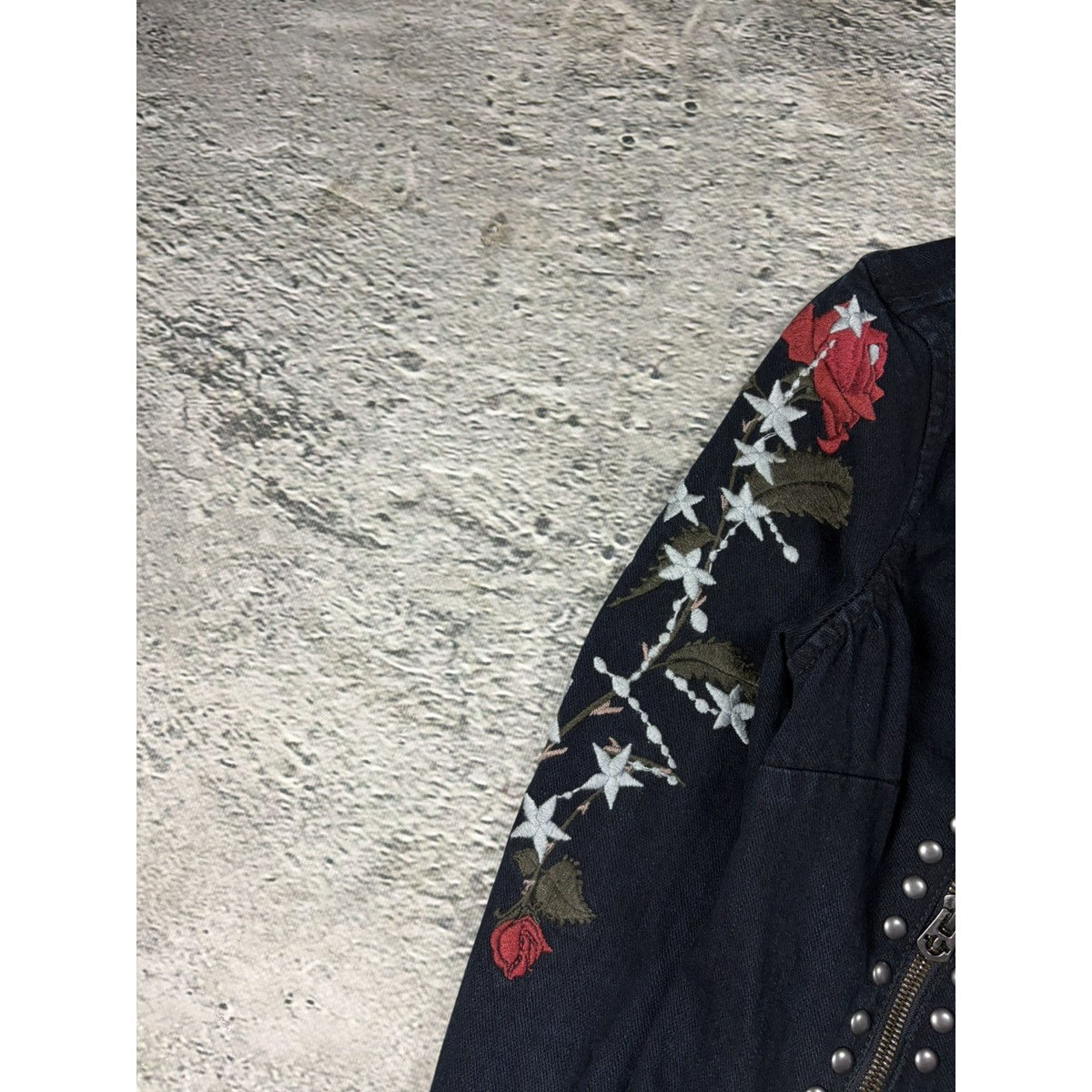 True Religion denim jacket Biker black roses studded red