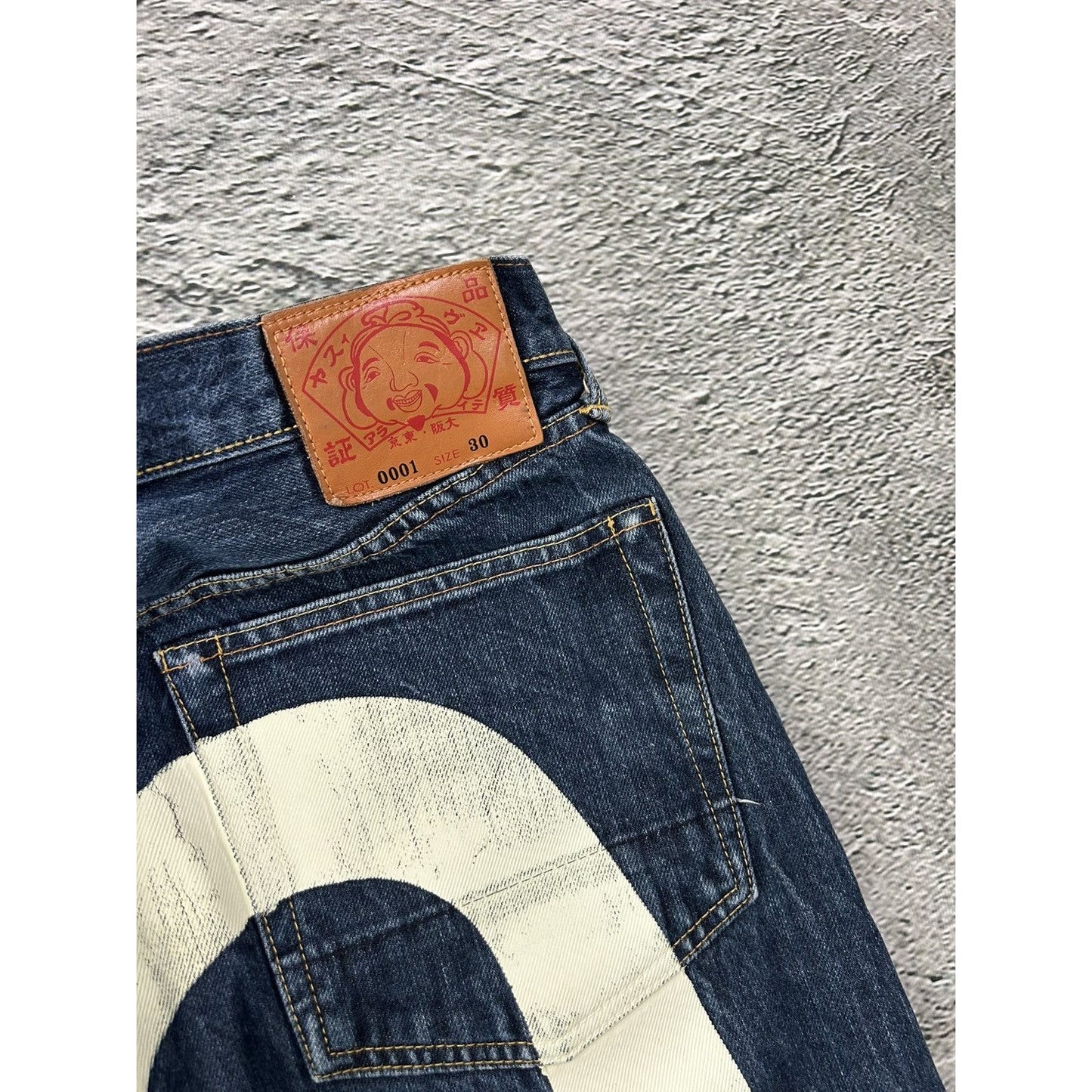 Evisu jeans daicock big logo white selvedge denim