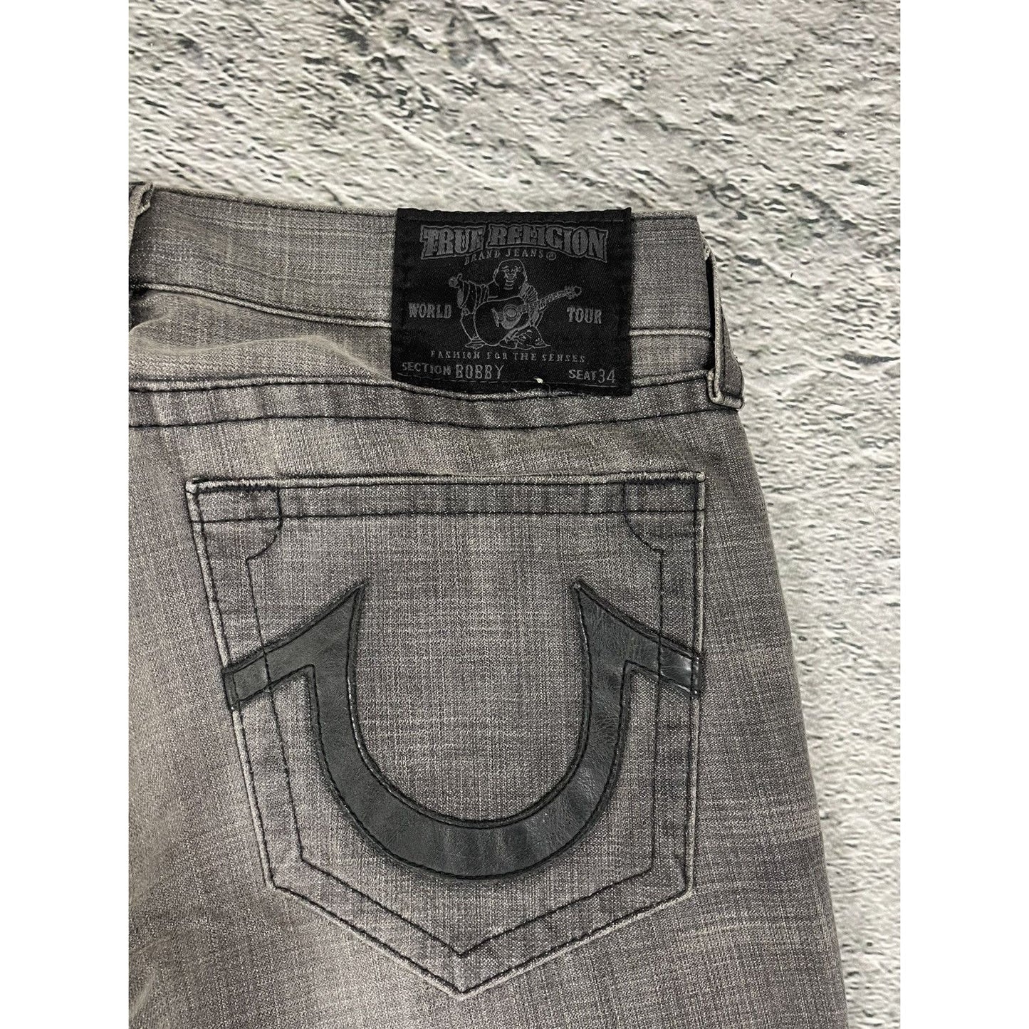True Religion jeans grey black leather patch Bobby straight