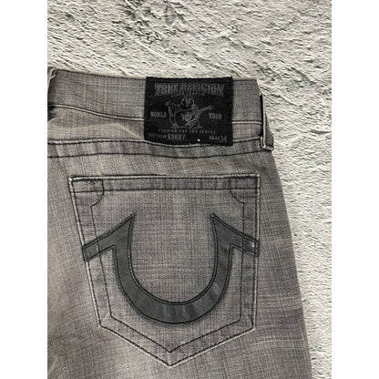 True Religion jeans grey black leather patch Bobby straight