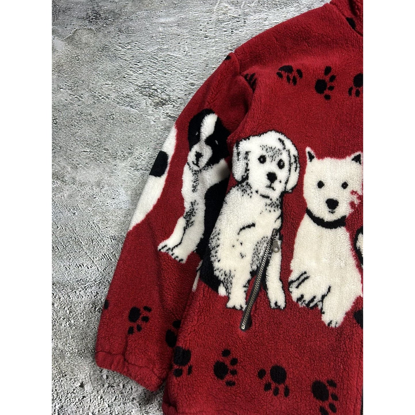 Vintage Dogs Puppy Print Sherpa Fleece Jacket Red