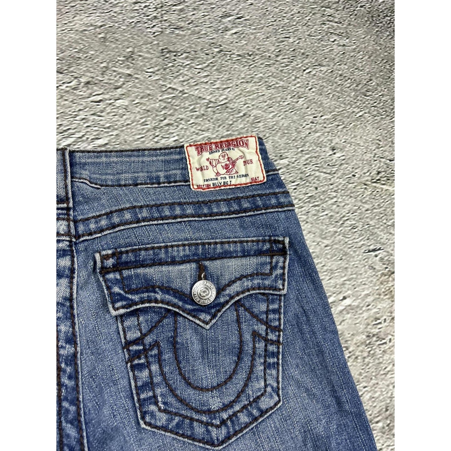 True Religion blue jeans brown thick stitching Y2K