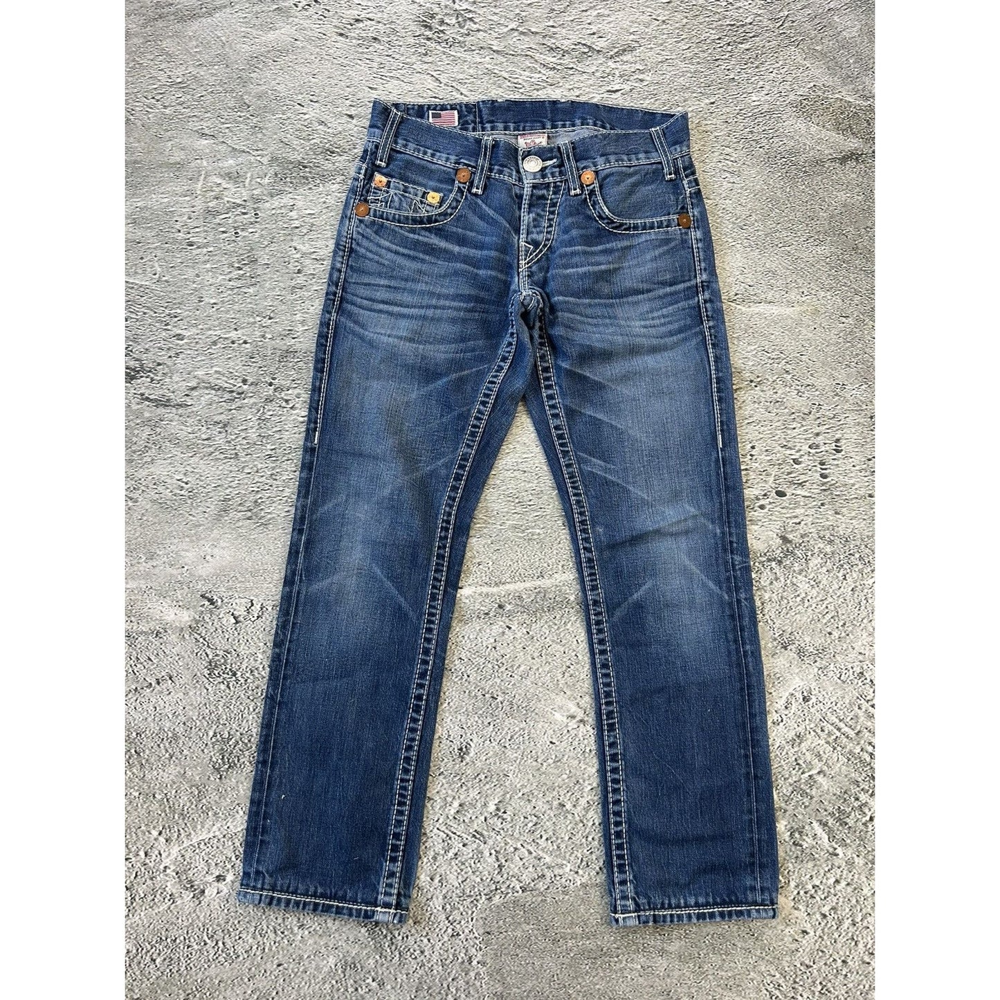 True Religion blue jeans white thick stitching Y2K