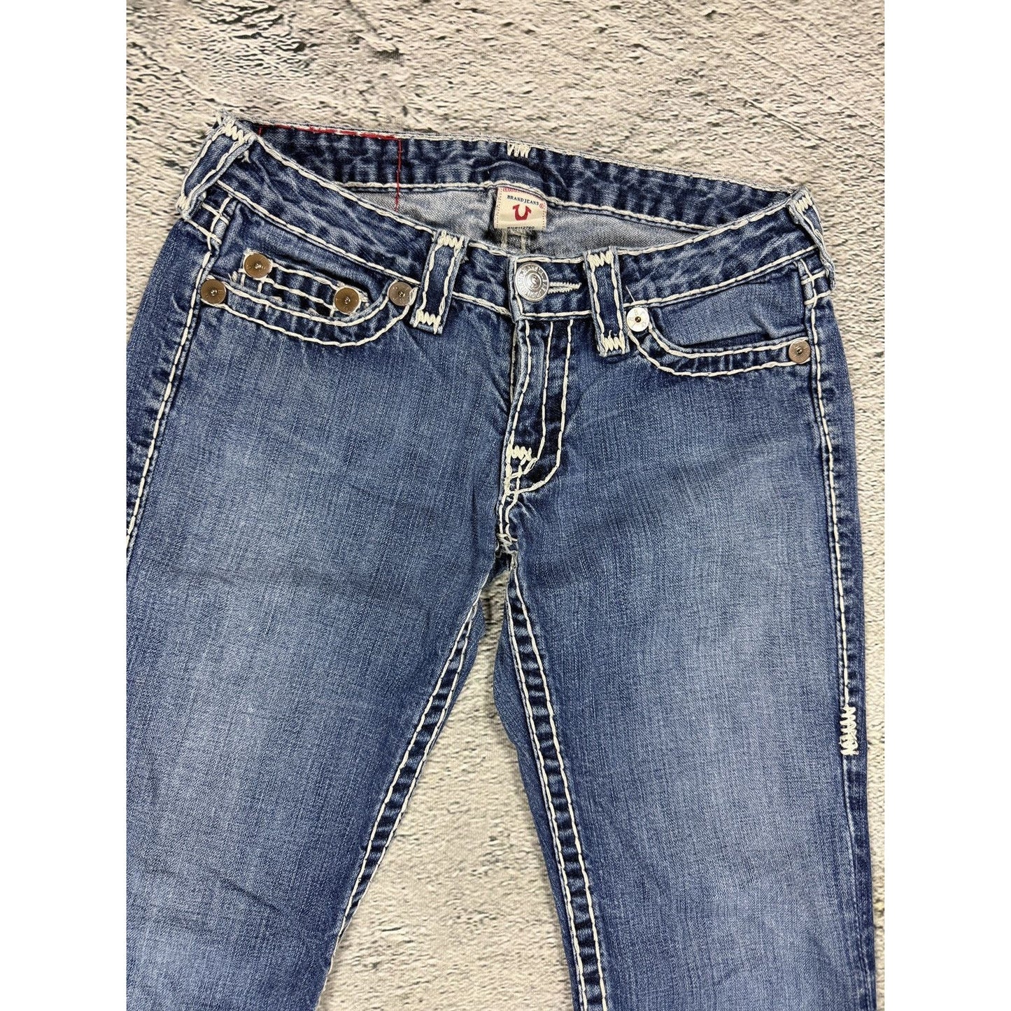 True Religion blue jeans white thick stitching Johnny