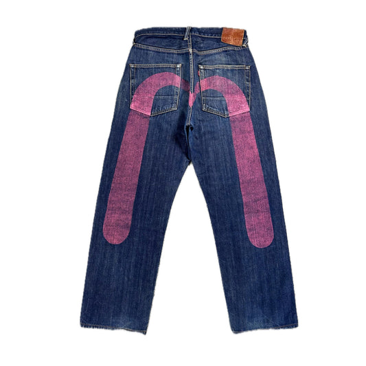 Evisu jeans daicock big logo pink selvedge denim navy blue