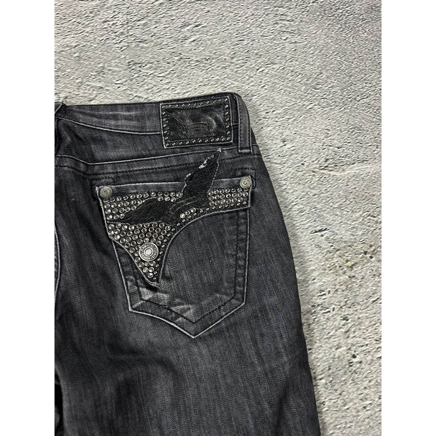 Robins jeans black rhinestones studded jeans flared Y2K